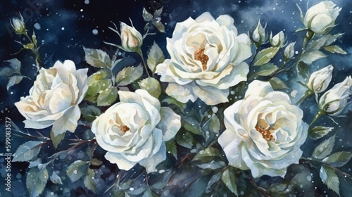 Watercolor painting of white roses on a dark blue background. Hand-drawn illustration.generative ai