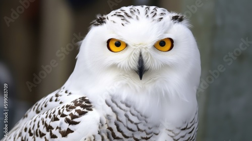 A snowy owl with big yellow eyes. Generative AI  © Mockup Station