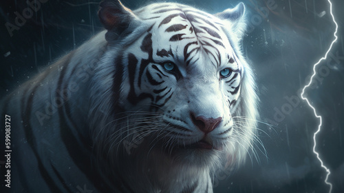 White tiger with a thunderstorm in the background.generative ai