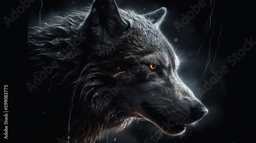 Close up of wolf with lightning on black background.generative ai