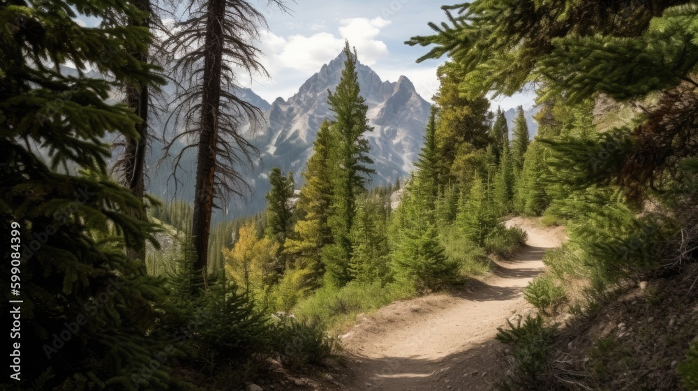 Fototapeta premium A hiking trail with trees and mountains in the distance. Generative AI 
