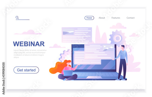 Webinar landing page. Man standing near laptop with gears. Online courses and training, education and selfdevelopment. Social media and digital marketing concept. Cartoon flat vector illusstration