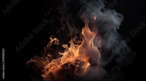 Fire flames with smoke against a dark background. Generative AI