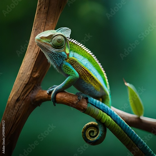 Colored chameleon close up photo on blur background - AI generated