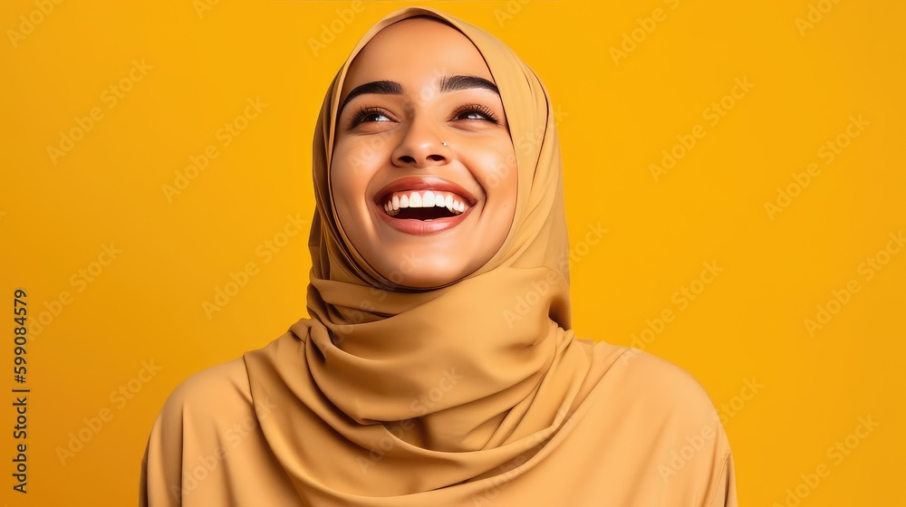 Young middle eastern woman laughing looking at the camera studio shot. Generative AI Young middle eastern woman laughing looking at the camera studio shot. Generative AI