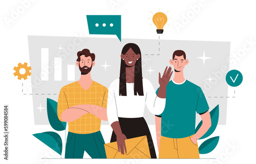 Team leader concept. Women stands in front of men and waves hand affably. Collaboration and cooperation, partnership and teamwork. Successful employee or entrepreneur. Cartoon flat vector illustration
