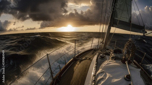 yacht sailing on dramatic ocean at sunset generative ai