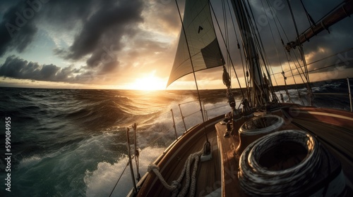 yacht sailing on dramatic ocean at sunset generative ai