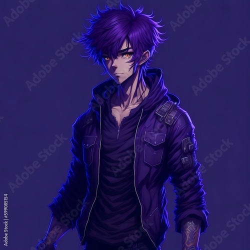 Anime Style joung boy with tattoos, half body posing with purple clothes and hair (Generative AI) photo