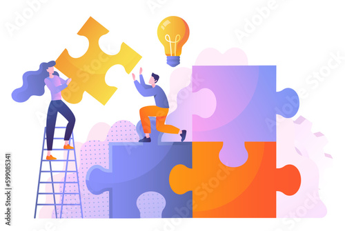 Team with puzzles. Teamwork, collaboration and cooperation. Colleagues and partners working on common project. Organization of effective workflow.