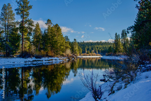 Snowy bank of Slough reflecting on the Deschutes River, Deschutes National Forest 