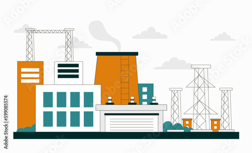 Power plant concept. Production and generation of electricity and energy, oil and gas processing. Manufacturing and factory, industral buildings with smog. Cartoon flat vector illustration