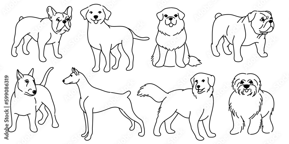 Dogs collection, Vector illustration of funny cartoon different breeds dogs in trendy flat style. Isolated on white. Dogs collection, Vector illustration of funny cartoon different breeds dogs in trendy flat style. Isolated on white.