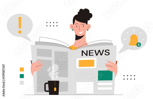 News updates concept. Woman reads newspaper and gets acquainted with information from mass media. Entertainment and politics, economy. Girl reads breaking news. Cartoon flat vector illustration