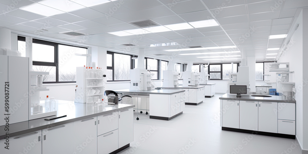 A scientific research lab with a lot of white cabinets and counters. AI generative laboratory interior - obrazy, fototapety, plakaty 