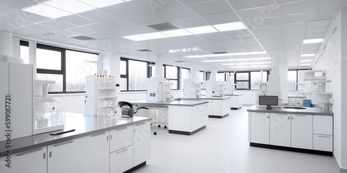 A scientific research lab with a lot of white cabinets and counters. AI generative laboratory interior photo