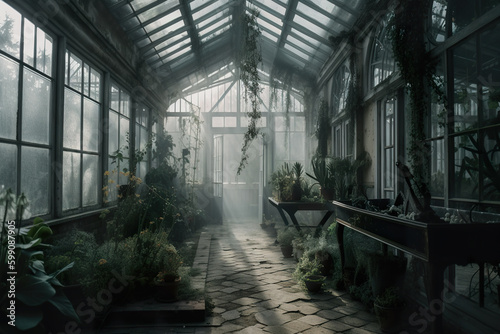 A greenhouse filled with lots of plants and windows. AI generative.