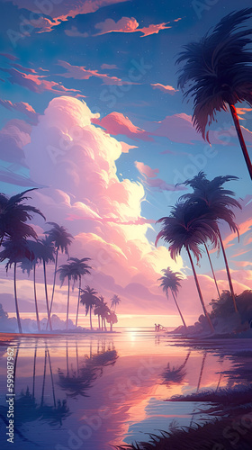 A painting of palm trees on a beach at sunset. AI generative.