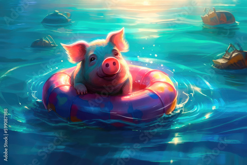 Cute little piglet floating in the ocean on an inflatable circle on a sunny day. Generative AI