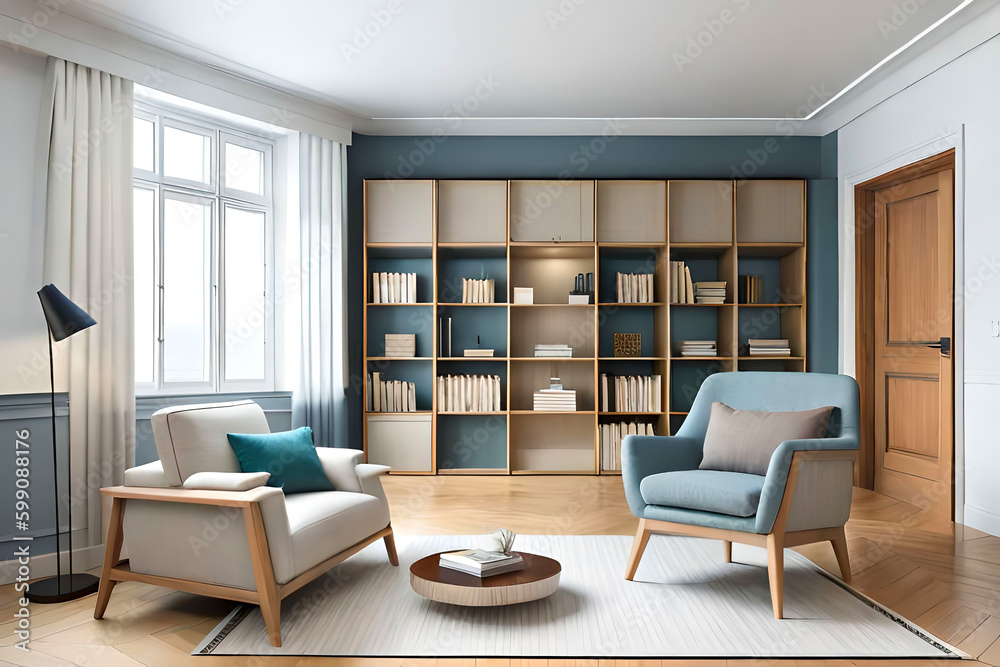 scandinavian bookcase with armchair in modern cozy interior of room. Home library with book shelf. Generative AI. scandinavian bookcase with armchair in modern cozy interior of room. Home library with book shelf. Generative AI.
