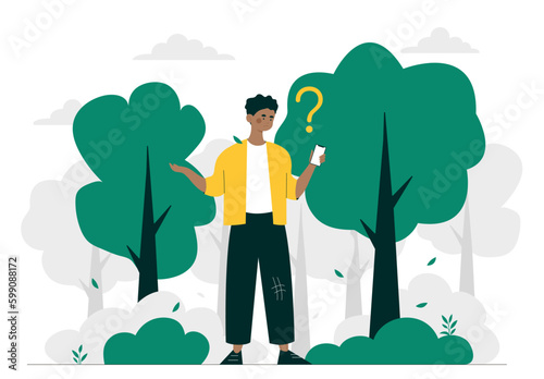 Lost person concept. Man stands with smartphone in park and looks at his position on map. Geolocation and navigation, tourist and traveler. Guy choosing strategy. Cartoon flat vector illustration