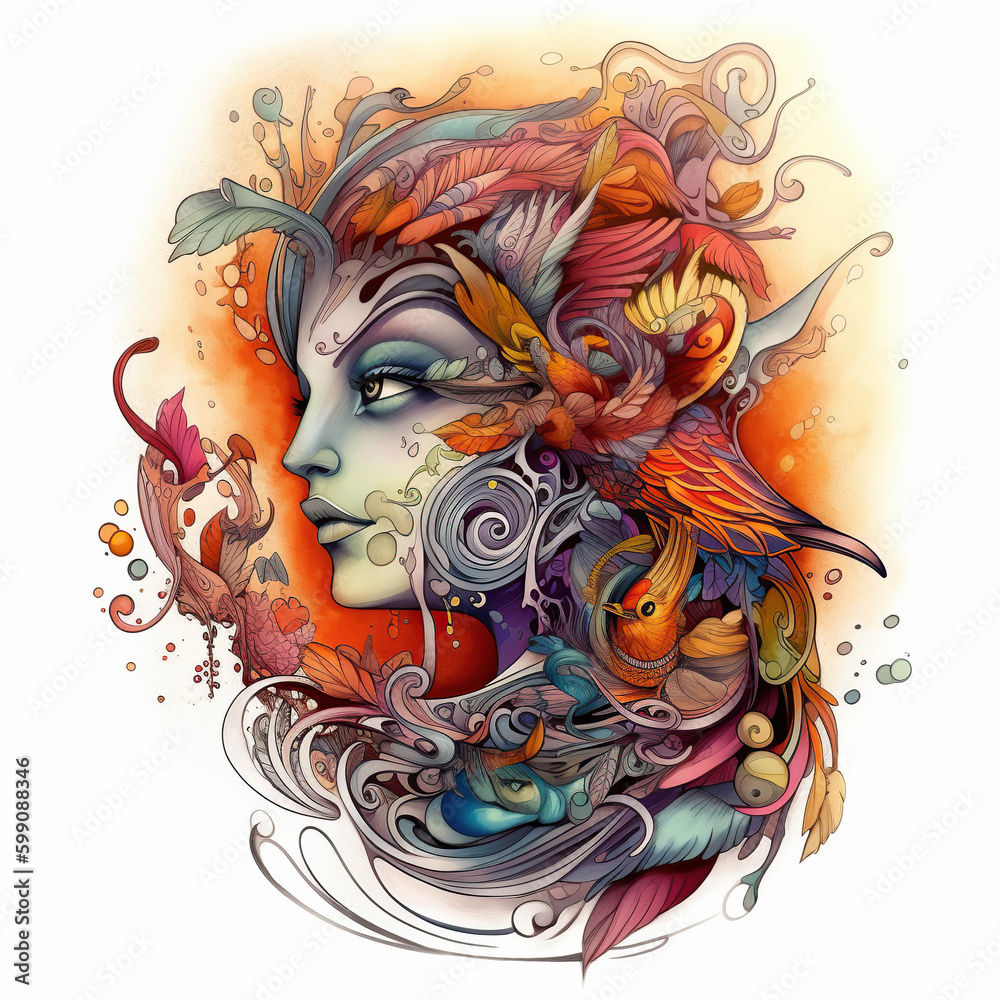Surrealist tattoo. Colorful tattoo, vibrant colors. AI generated image.