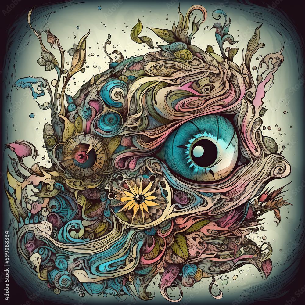 Surrealist tattoo. Colorful tattoo, vibrant colors. AI generated image.