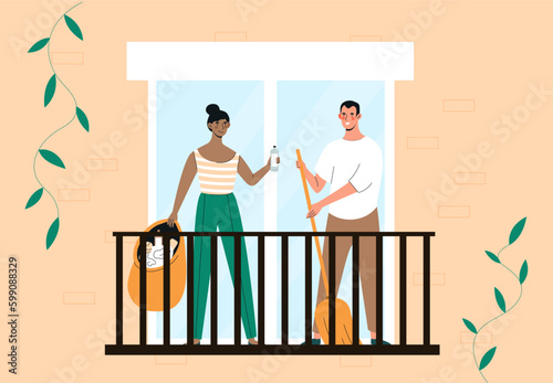Clean time balcony. Man and woman cleaning apartment. Household chores and routine, cleanliness and hygiene. Young guy with mop and girl with bag collects garbage. Cartoon flat vector illustration