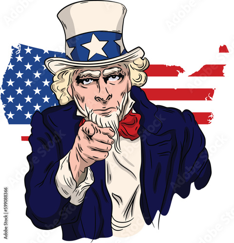 An illustration of Uncle Sam pointing his finger at us. In the background is a silhouette of the United States in the colors of the American flag