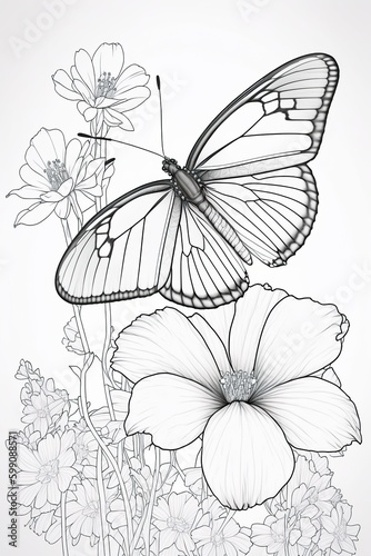Butterfly on flowers  line art for coloring book  crisp lines  white background  AI generative