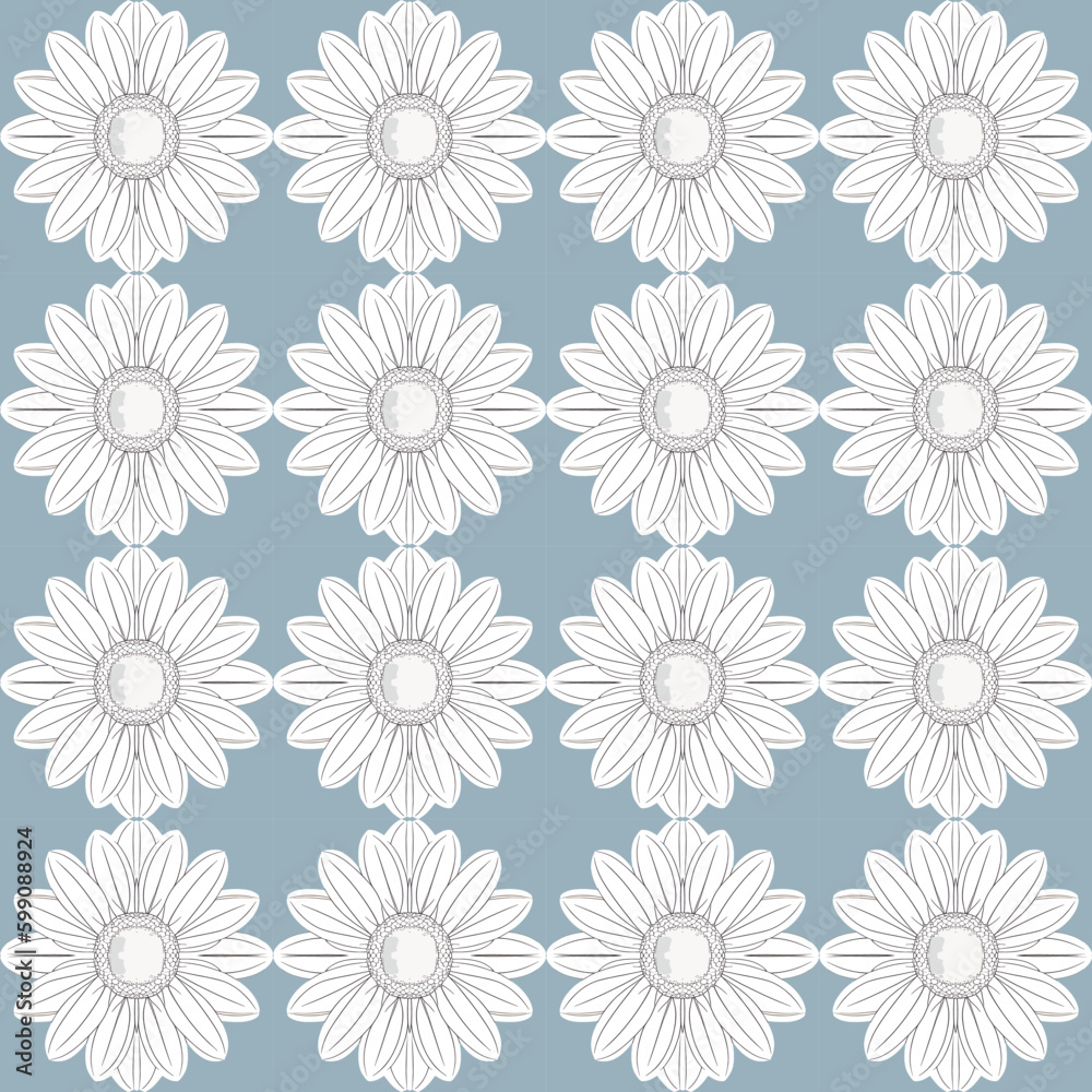 White fabric with little blue daisies and golden chrysanthemums in symmetrical pastel pattern, ideal. White fabric with little blue daisies and golden chrysanthemums in symmetrical pastel pattern, ideal.