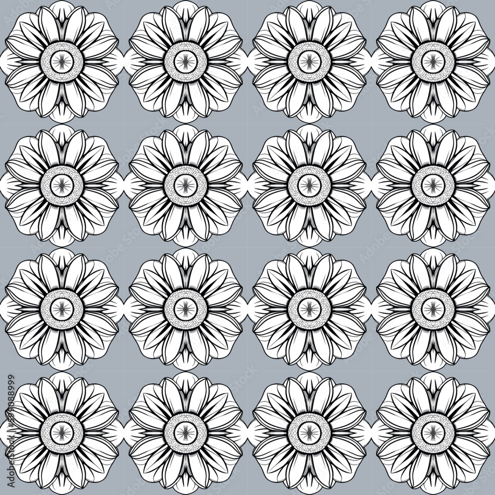 Black and white pattern with detailed sunflowers on gray background, great for vintage bedding and retro.