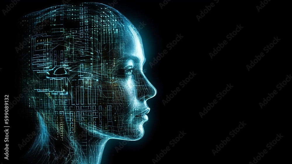 Silhouette of a human head in a matrix or holographic style and on a dark background. Generative AI Silhouette of a human head in a matrix or holographic style and on a dark background. Generative AI