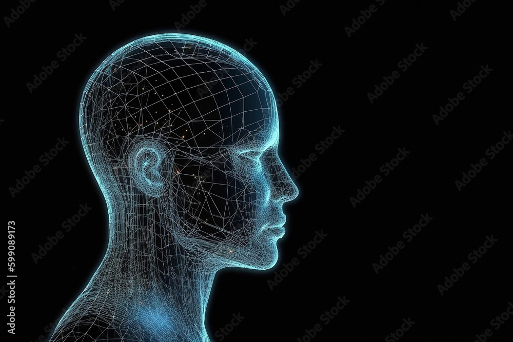 Silhouette of a human head in a matrix or holographic style and on a dark background. Generative AI Silhouette of a human head in a matrix or holographic style and on a dark background. Generative AI