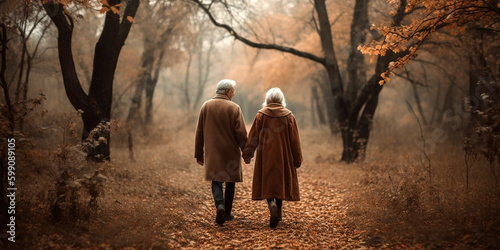 An elderly couple walks through the autumn park, holding hands, view from the back. Generative AI © Tatiana