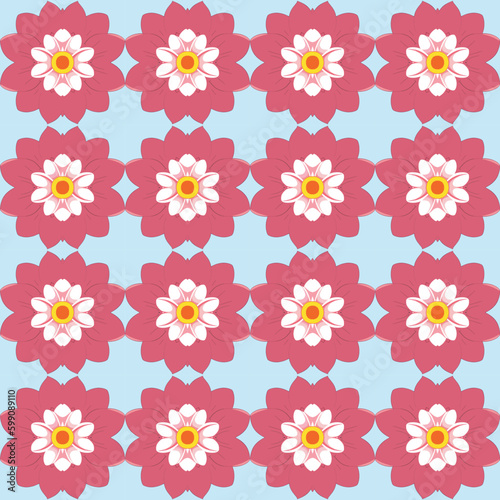 Clean and graceful vector floral seamless repeating pattern with white and pink flowers on blue background.