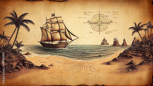 A drawn old pirate map depicting a sailing ship sailing on the sea. Generative AI