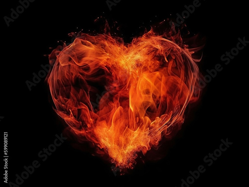 Fiery silhouette of a burning heart, on an isolated black background. Generative AI