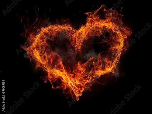 Fiery silhouette of a burning heart  on an isolated black background. Generative AI