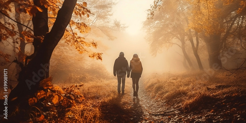 An elderly couple walks through the autumn park  holding hands  view from the back. Generative AI