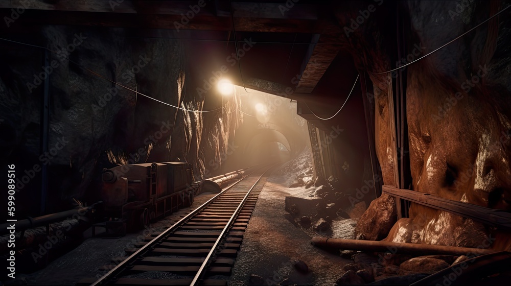 Old abandoned coal mine, AI generative industrial object with rails, dark, illuminated with daylight