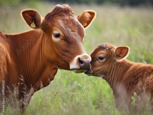 Fotografija A doting mother cow nuzzling her newborn calf in a grassy pasture no text photog