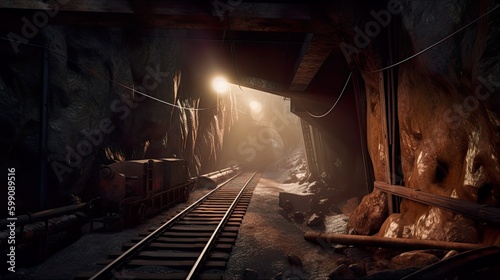Old abandoned coal mine, AI generative industrial object with rails, dark, illuminated with daylight