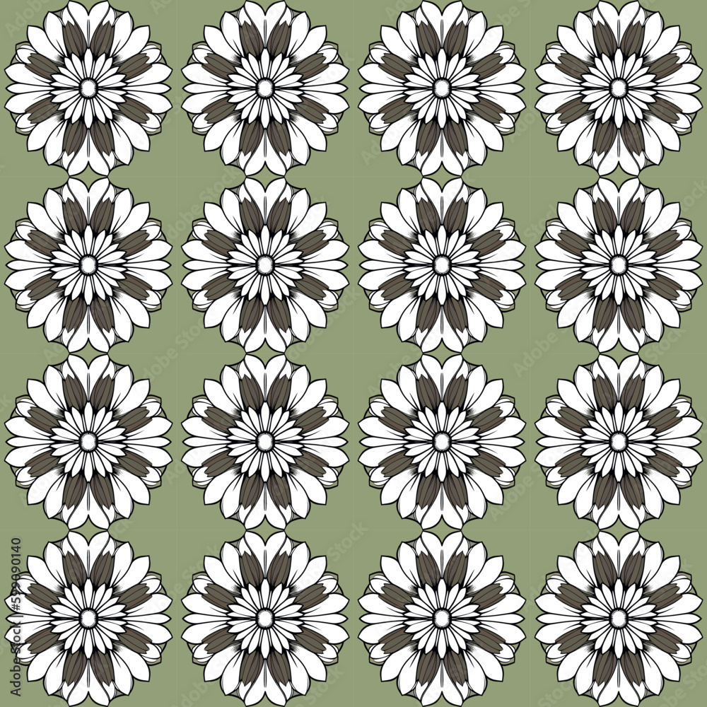 Dark green background is covered with white and brown flowers in symmetrical, pop-art style geometric vector. Dark green background is covered with white and brown flowers in symmetrical, pop-art style geometric vector.