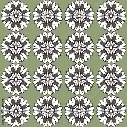 Dark green background is covered with white and brown flowers in symmetrical, pop-art style geometric vector.