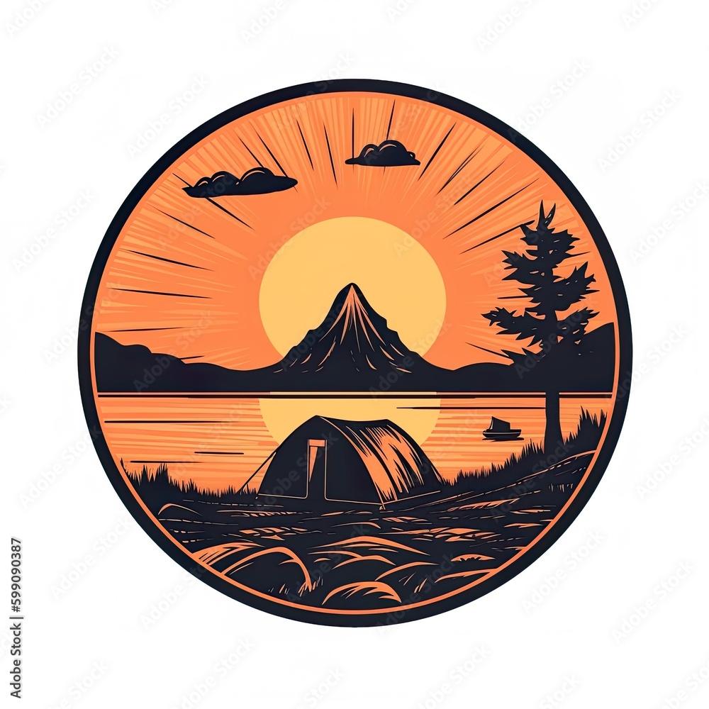 Camping tent in dark forest at night, AI generative flat illustration in orange, white and black colors Camping tent in dark forest at night, AI generative flat illustration in orange, white and black colors