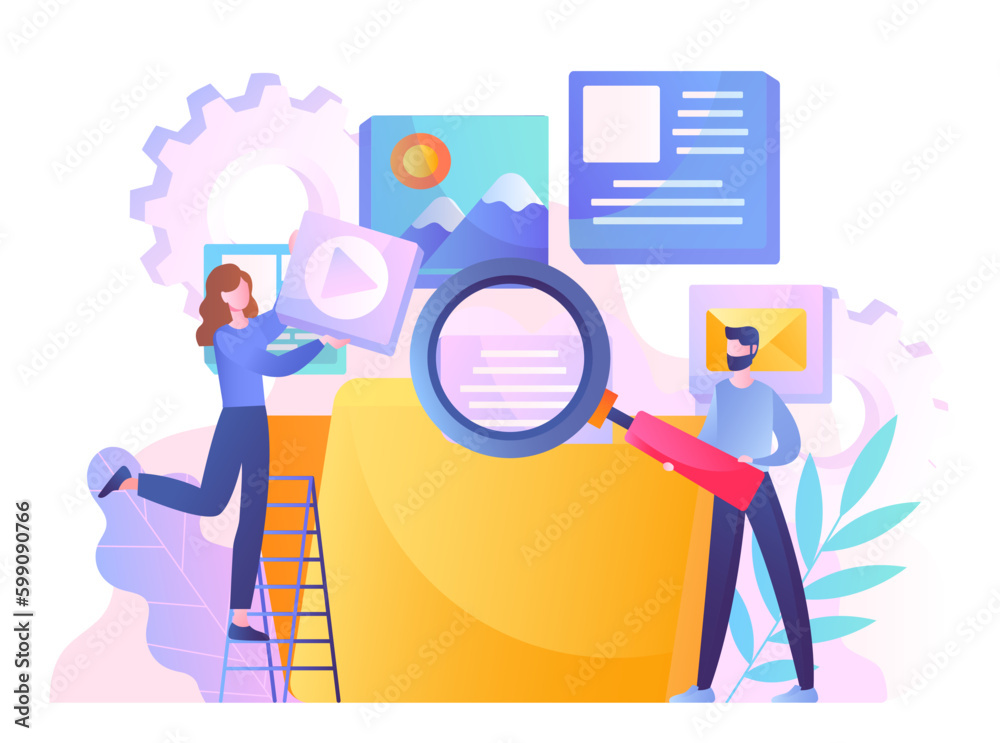 People with file. Woman and man with magnifying glass analyze contents of folder and evaluate electronic storage. Documentation and pictures, audio and video. Cartoon flat vector illustration People with file. Woman and man with magnifying glass analyze contents of folder and evaluate electronic storage. Documentation and pictures, audio and video. Cartoon flat vector illustration