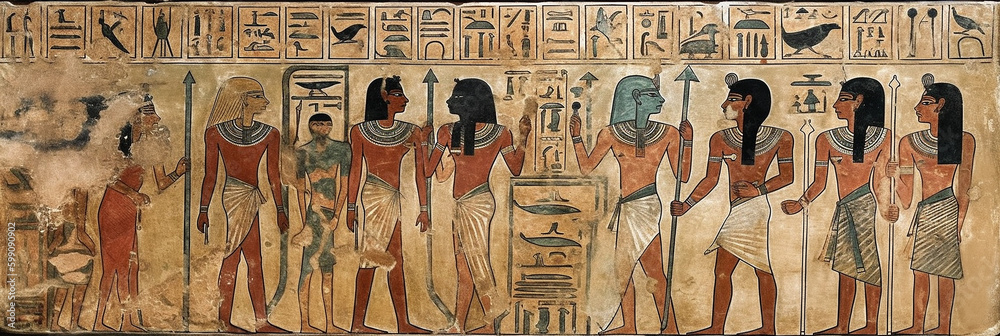 old historical egyptian painting with egyptian hieroglyphs, generative AI