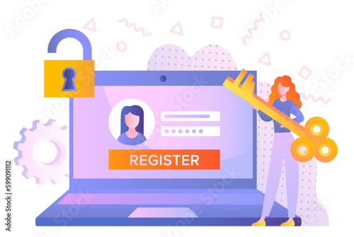 Concept of encryption. Woman stands with golden key in front of laptop. Character enters username and password to access profile or account. Personal data protection. Cartoon flat vector illustration