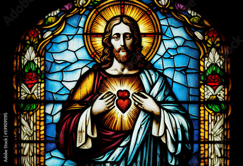 Merciful Jesus with a heart in the style of a church stained glass window  generative AI